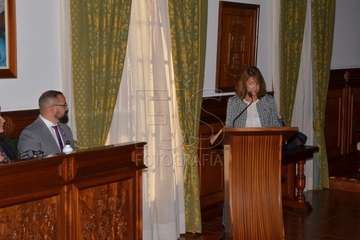  La profesora Celia Jiménez pone voz en el Pleno al manifiesto institucional contra la violencia machista (Foto TA)